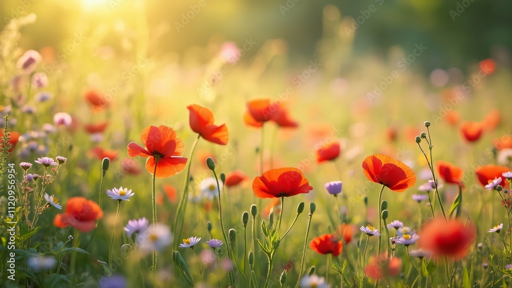 Fototapeta premium Vibrant Red Poppies in Spring Meadow, Blooming Wildflowers & Lush Green Grass
