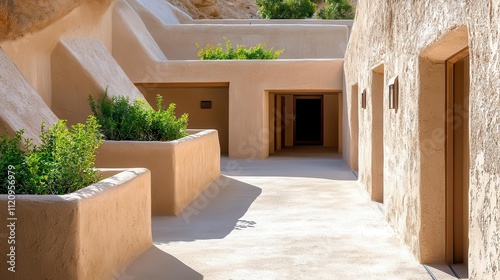 Earthsheltered market with natural insulation, built into a hillside, maintaining cool temperatures in hot climates photo