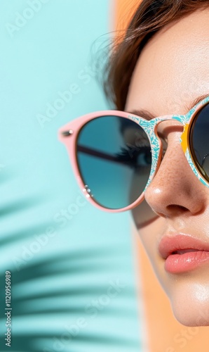 Close-up of woman's face wearing sunglasses.