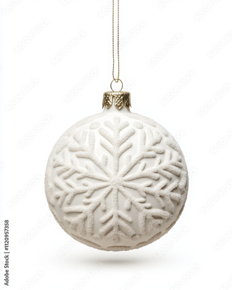 Fototapeta premium Elegant white Christmas ornament with snowflake design hanging.