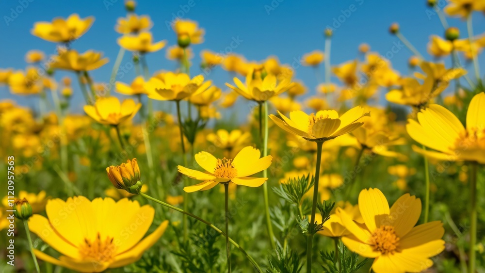 Vibrant Yellow Coreopsis Field in Full Bloom Under a Summer Sky, A Stunning Display of Nature's Beauty Vibrant Yellow Coreopsis Field in Full Bloom Under a Summer Sky, A Stunning Display of Nature's Beauty