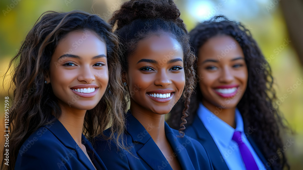 Confident Women in Business Suits Smile Brightly Outdoors Confident Women in Business Suits Smile Brightly Outdoors