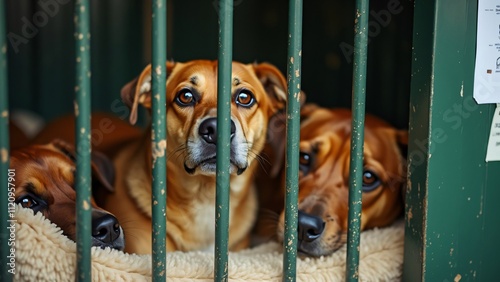 Sad Dogs in Animal Shelter Cage, Heartbreaking Image of Dogs Behind Bars, Waiting for Adoption photo