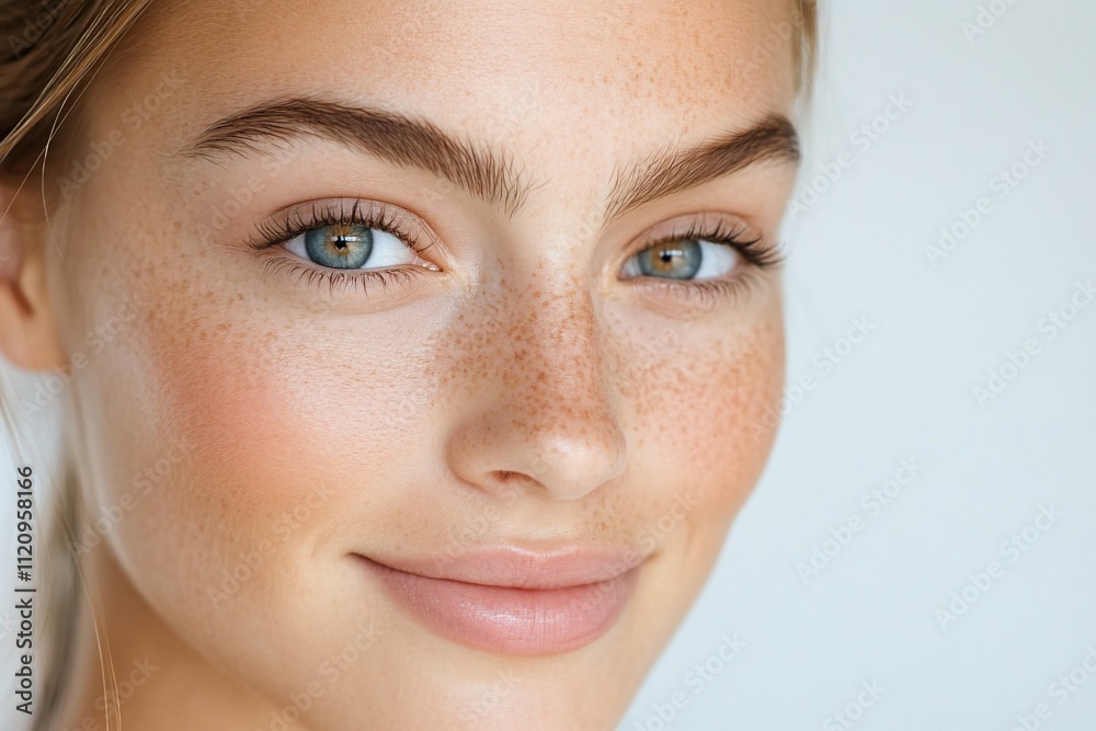 Close-up portrait of a smiling young woman with freckles. Close-up portrait of a smiling young woman with freckles.