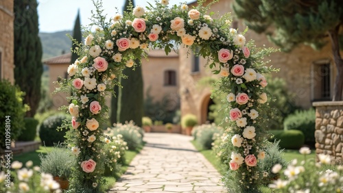 Tuscan Wedding Floral Arch, Pastel Roses & Greenery, Stone Building Backdrop, Web Banner