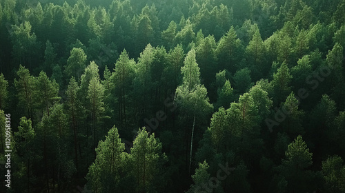 Lush green pine forest viewed from above during a sunny day