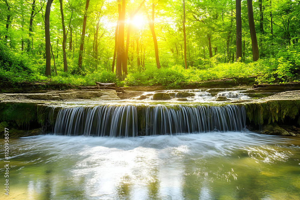 Sunlit waterfall cascading through lush green forest. Sunlit waterfall cascading through lush green forest.