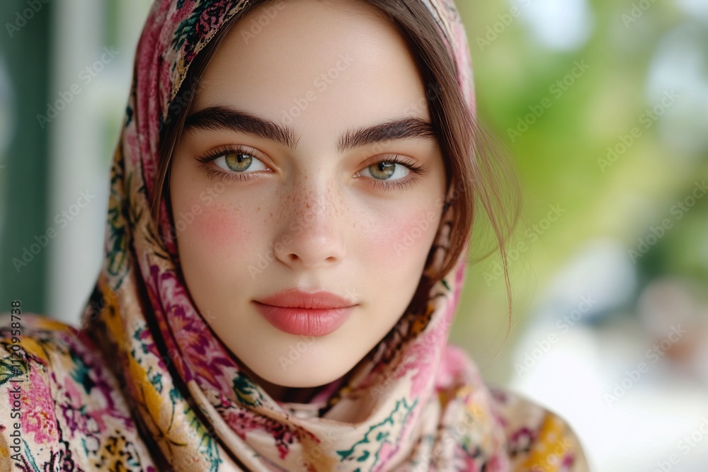 Close-up portrait of a young woman with freckles, wearing a floral headscarf. Close-up portrait of a young woman with freckles, wearing a floral headscarf.
