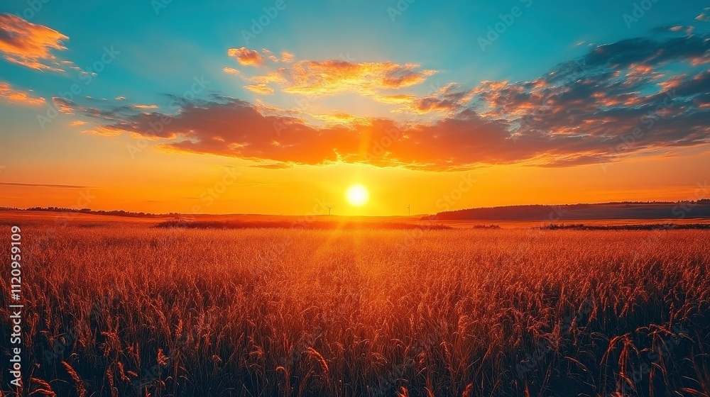 Scenic Sunset Over Golden Wheat Field with Vibrant Sky and Dramatic Clouds, Capturing Nature's Beauty in a Peaceful Rural Landscape Scenic Sunset Over Golden Wheat Field with Vibrant Sky and Dramatic Clouds, Capturing Nature's Beauty in a Peaceful Rural Landscape