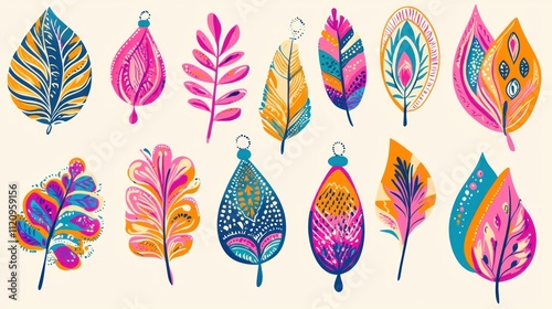 A collection of vibrant, hand-drawn vector ornaments in bright colors, ideal for holiday designs