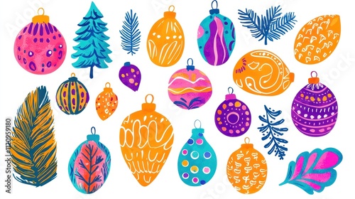 A collection of vibrant, hand-drawn vector ornaments in bright colors, ideal for holiday designs