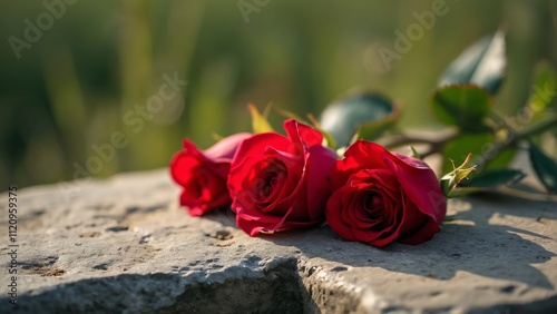 Three Red Roses on Weathered Stone, Romantic Valentine's Day Nature Backdrop, Close-Up, Tranquil Garden Scene photo