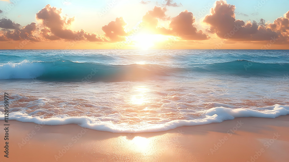 Ocean Waves Crashing on Sandy Beach at Sunset Ocean Waves Crashing on Sandy Beach at Sunset