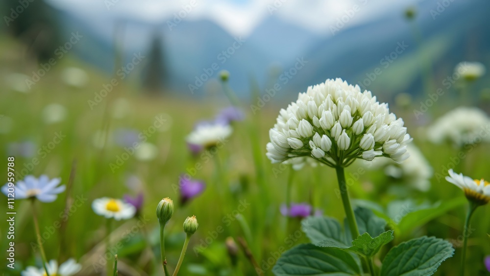 Serene Spring Alpine Meadow, Macro Close-up of White Clover and Wildflowers Serene Spring Alpine Meadow, Macro Close-up of White Clover and Wildflowers