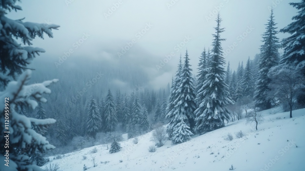 Misty Winter Wonderland, Snow Covered Coniferous Forest Hillside, Low Angle View Misty Winter Wonderland, Snow Covered Coniferous Forest Hillside, Low Angle View