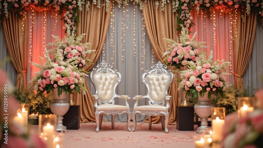 Dubai Indian Wedding Ceremony Decor, Pink & White Floral Arrangement with Silver Chairs