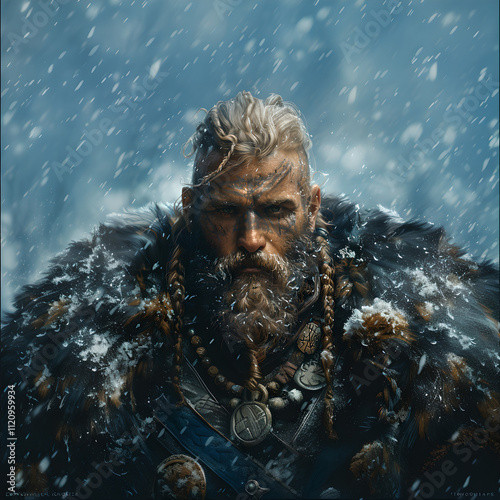 Fierce Norse warriors confronting harsh, stormy elements, clad in coarse furs and battle-worn gear, evoking ancient sagas, maritime heritage, and the raw power of Nordic myth