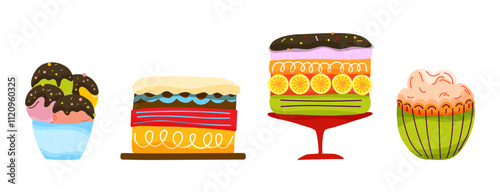 Dessert illustration features cakes, ice cream, and cupcakes. Elements for menu designs, invitations, recipe cards, or any project celebrating sweet treats