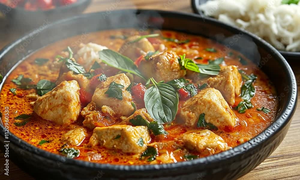 A bowl of flavorful chicken curry garnished with fresh herbs. A bowl of flavorful chicken curry garnished with fresh herbs.