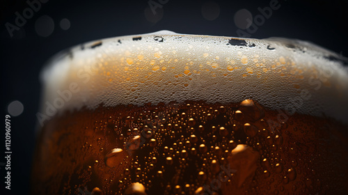Extreme close-up of the edge of a pint glass filled with liquid, highlighting texture and condensation.

 photo