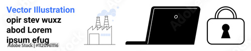 Factory with chimneys emitting smoke, a laptop, and a padlock with a keyhole symbol emphasizing security. Ideal for cybersecurity, data protection, industrial safety, digital security measures