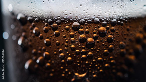 Extreme close-up of the edge of a pint glass filled with liquid, highlighting texture and condensation.

 photo