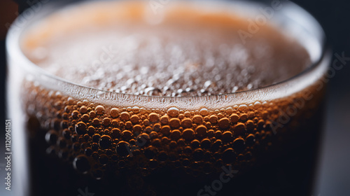 Extreme close-up of the edge of a pint glass filled with liquid, highlighting texture and condensation.

 photo