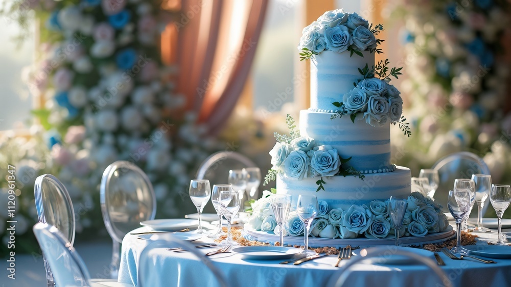 Stunning Blue & White Wedding Cake with Cascading Roses, Open-Air Stage Setting, and Digital Screen Display