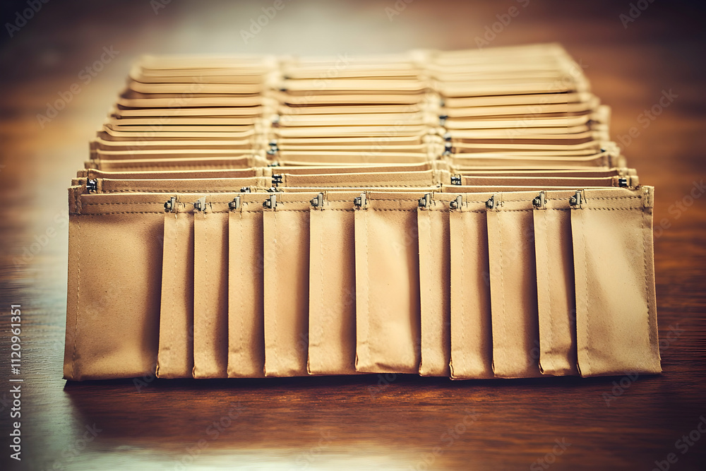 Tan fabric tool organizer with multiple pockets on a wooden surface. Tan fabric tool organizer with multiple pockets on a wooden surface.