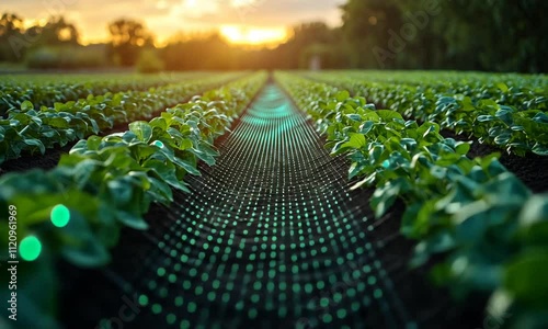 Futuristic agricultural field with digital grid overlay at sunset.