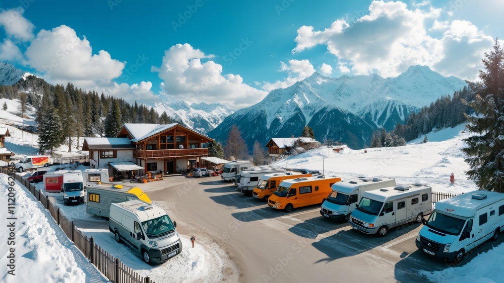 Austrian Ski Resort, Panoramic Summer Campervan Parking Aerial View Austrian Ski Resort, Panoramic Summer Campervan Parking Aerial View