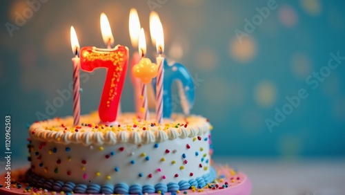 Delightful 7th Birthday Cake with Number Candles, Festive Web Banner with Copy Space photo