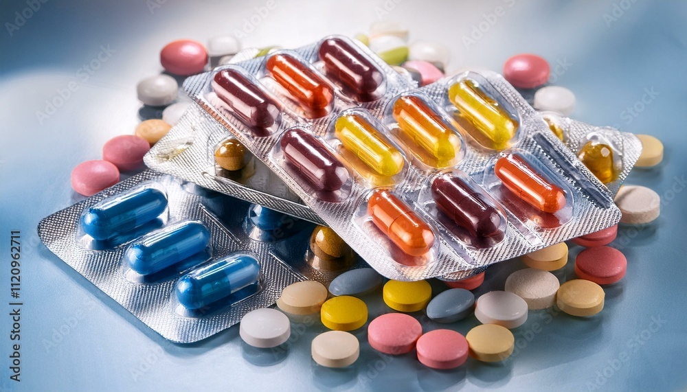 Pile of colorful medicine pills and capsules in blister packs. pills and capsules. Pile of colorful medicine pills and capsules in blister packs. pills and capsules.
