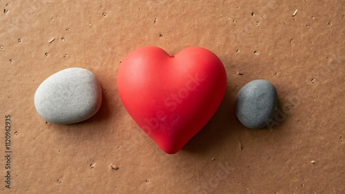 Tranquil Red Heart Stress Ball with Smooth Stones on Corkboard, Relaxation and Mindfulness Concept photo