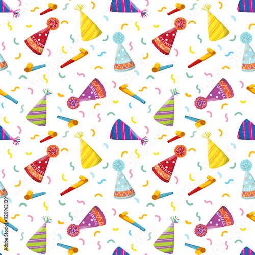 festive seamless pattern featuring colorful party hats, blowouts, and confetti. Ideal for wrapping paper, birthday invitations, decorations, or digital backgrounds