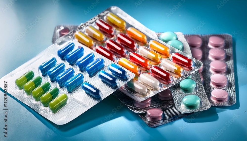 Pile of colorful medicine pills and capsules in blister packs. pills and capsules. Pile of colorful medicine pills and capsules in blister packs. pills and capsules.