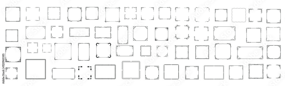 Big set black simple line frame collection doodle square floral frame elements vector design style.