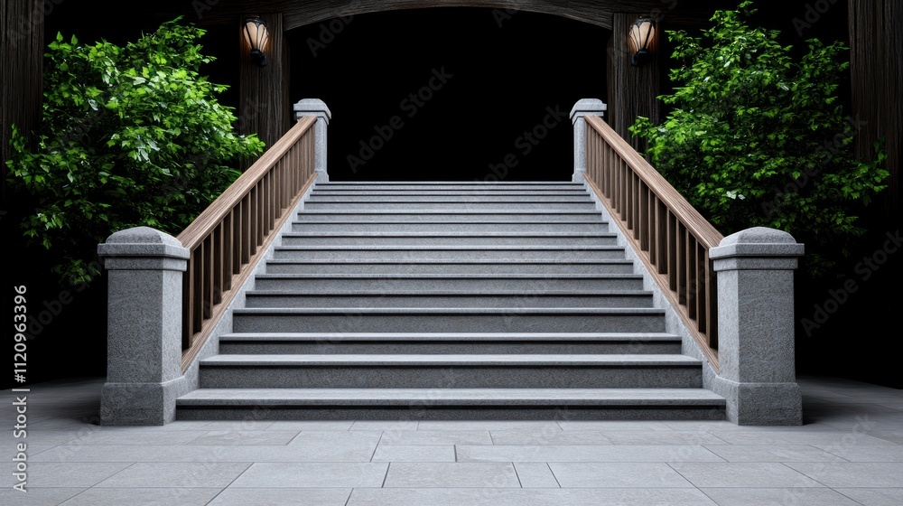 A staircase leading to an archway, surrounded by greenery. A staircase leading to an archway, surrounded by greenery.