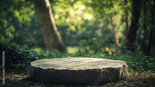 Natural stone platform surrounded by greenery in a tranquil forest setting