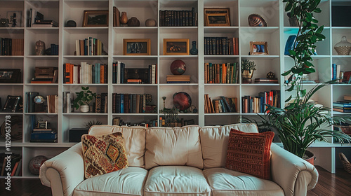 book shelves and decorations piece in living room 