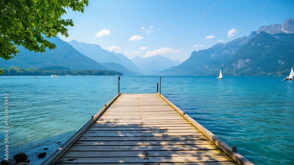 Obraz premium Serene Wooden Jetty on Lake Attersee, Stunning Summer Landscape with Sailboats and Mountains