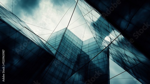 Dramatic Architectural Cityscape with Sleek Skyscrapers and Geometric Glass Facade