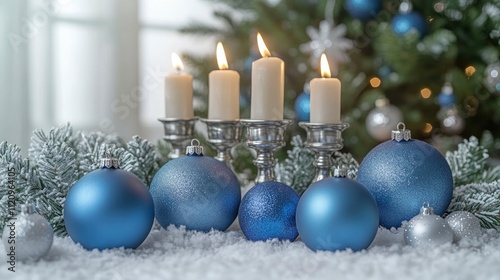 A beautifully crafted display blending Hanukkah and Christmas traditions, with a menorah and a tree adorned in blue and silver ornaments on a clean white backdrop. photo