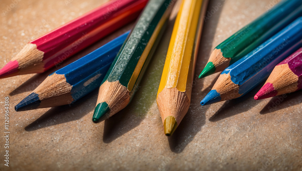 Gradient Arrangement of Glossy Colored Pencils on Textured Surface Gradient Arrangement of Glossy Colored Pencils on Textured Surface