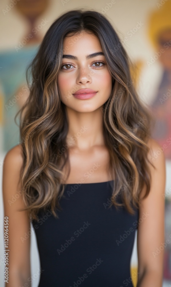 Portrait of a young woman with wavy hair in a simple top. Portrait of a young woman with wavy hair in a simple top.