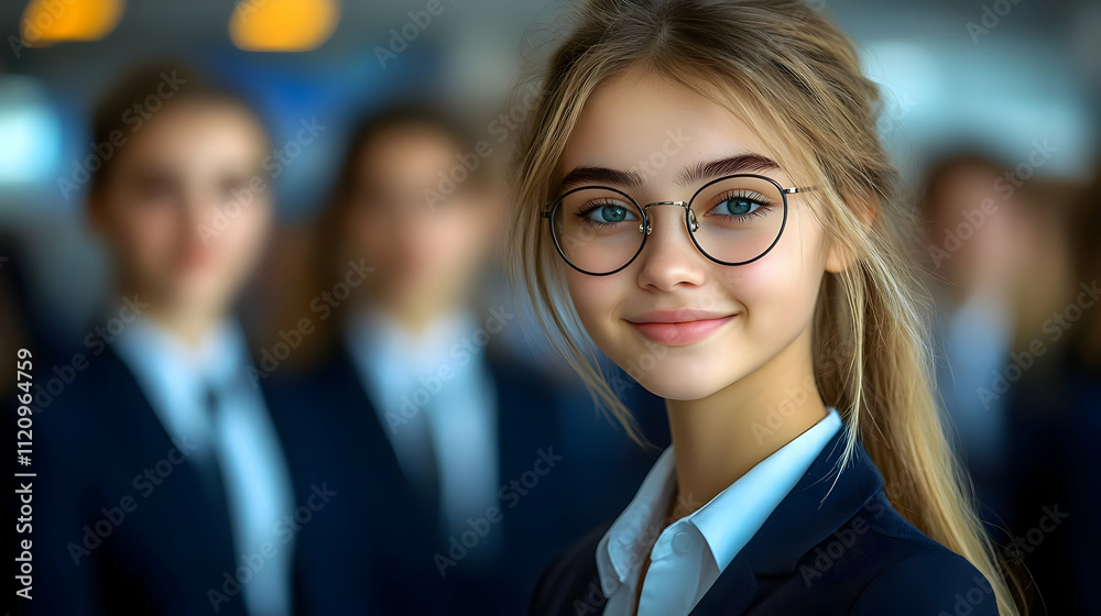 Young Woman Smiles, Confidently Wearing Glasses, Business Attire Young Woman Smiles, Confidently Wearing Glasses, Business Attire