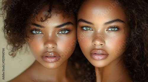 Stunning Twins with Gorgeous Green Eyes and Luscious Lips, Beauty Close-up Portrait.