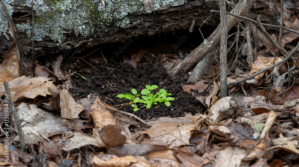 Tiny green plant sprout emerging from dark soil under a log in the forest. Tiny green plant sprout emerging from dark soil under a log in the forest.