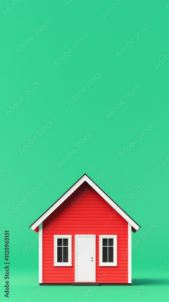 A small red house is standing on a green background A small red house is standing on a green background