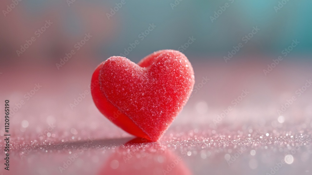 Dreamy Close-up of Red Heart-Shaped Candy on Glittering Surface, Valentine's Day Theme Dreamy Close-up of Red Heart-Shaped Candy on Glittering Surface, Valentine's Day Theme
